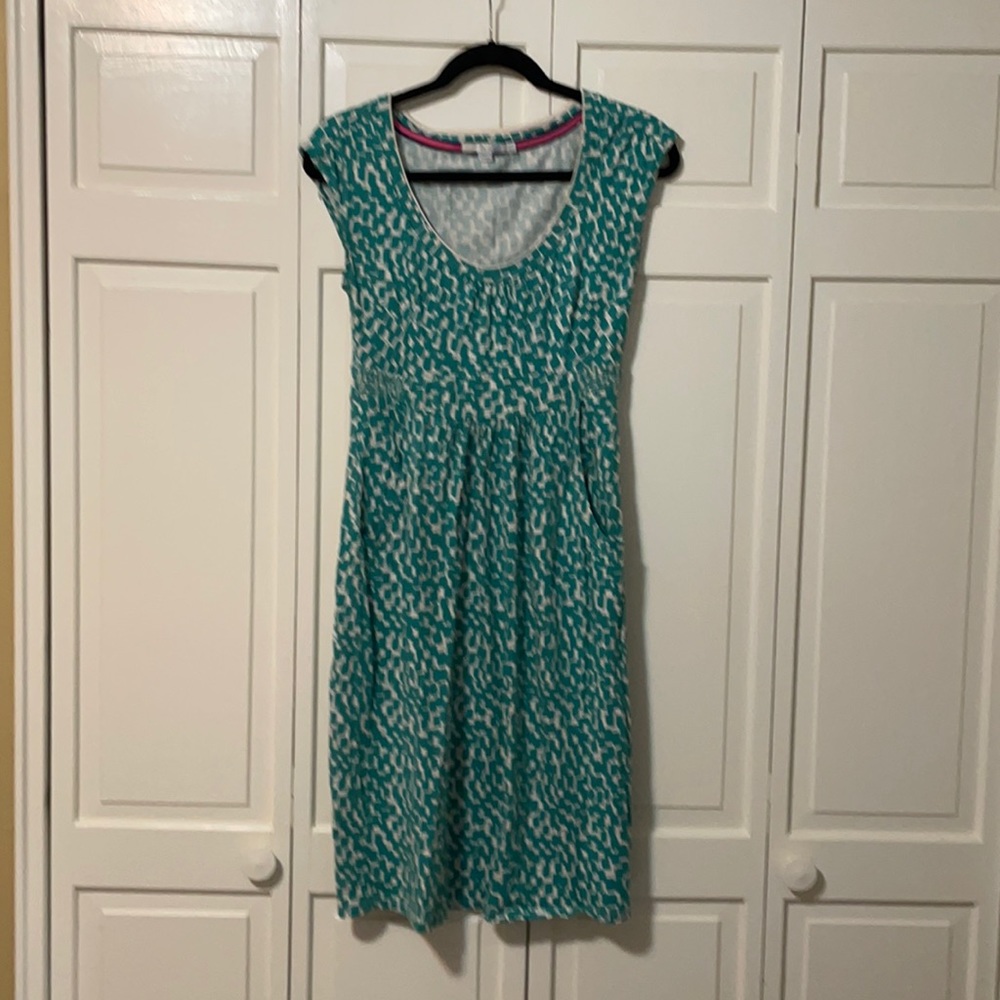 Boden scoop neck casual teal/cream dress - with pockets size 4L